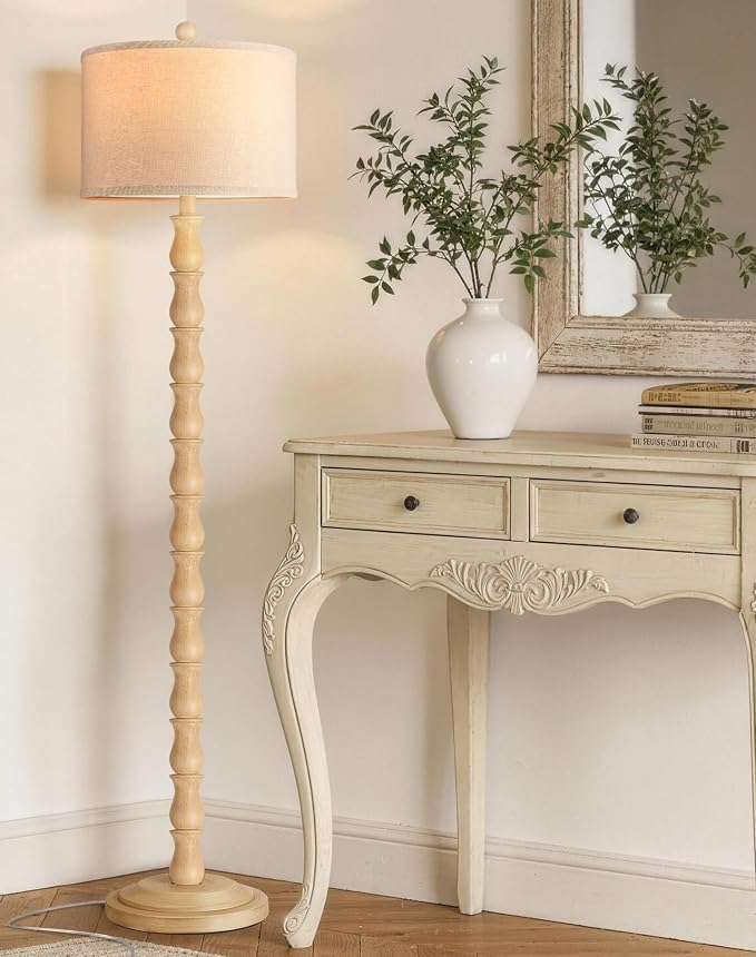 63.5" Rustic Floor Lamp for Living Room, Farmhouse Floor Lamp with Rotary Switch & Linen Shade, Vintage Resin Tall Standing Lamp for Bedroom Corner Office Home Decor, Cream (LED Bulb Included)
