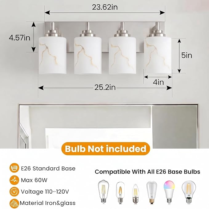 4-Light Bathroom Light Fixture, Brushed Nickel Modern Vanity Light with White Marble Glass Shade, for Bathroom Mirror, Living Room, Bedroom, Hallway, E26 Base, Extended Base
