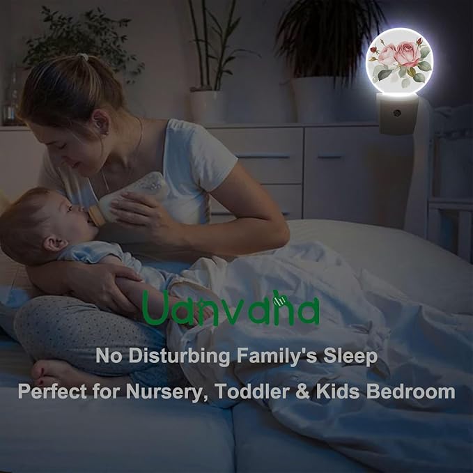 Retro Rose Night Light Floral Blossom Pink Rose with Green Leaf Flower Bouquet LED Dusk to Dawn Plug-in Nightlight Auto Sensor for Bedroom Bathroom Hallway Living Room