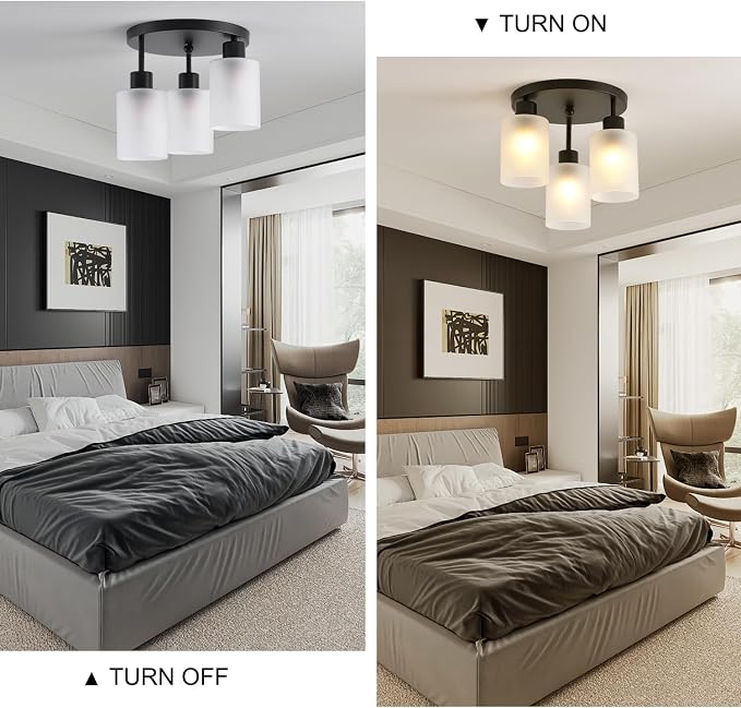 3-Light Industrial Farmhouse Black Matte Light Fixtures Ceiling Mount, with Frosted Glass Shades Semi Flush Mount Ceiling Light, for Hallway Fixtures Kitchen, Foyer