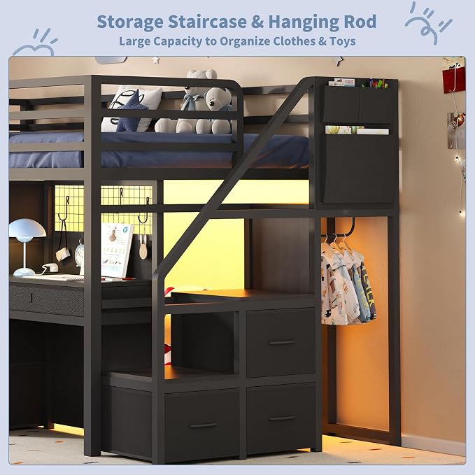Twin Loft Bed with Desk, 12 Drawers, RGB Lights & Wide Step Stairs, Black | Built-in Power Outlet, Clothes Rack, Pockets, Display Grid, Under Bed Play Fort, 11.8''H Safety Guardrail & Ladder