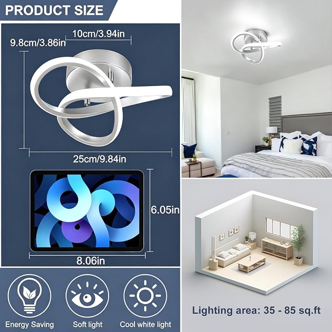 Hallway Light Acrylic Modern LED Ceiling Light Fixtures Cool White 6000K Close to Ceiling Lights for Bedroom, Bathroom, Kitchen, Balcony, Corridor, Stair, Aisle Lamp Curved Design (Sliver,6000K)