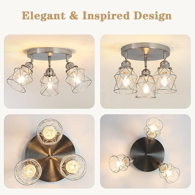 Kitchen Light Fixtures - 3-Lights Multi-Directional Ceiling Lamp with E26 Base, Adjustable Flush Mount for Farmhouse Kitchen, Hallway, Dining Room, Entryway