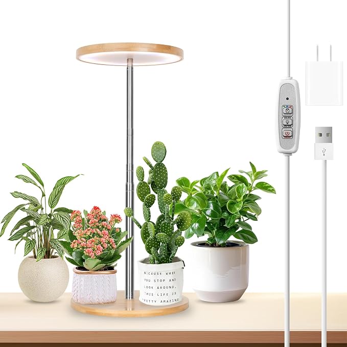 LORDEM Indoor Plant Light, Bamboo Desk Lamp with Timer | Full Spectrum 380-800nm, 72 LEDs, 4 Dimmable Levels, Height Adjustable 7.8-26 inch, Auto Timer 4/8/12H