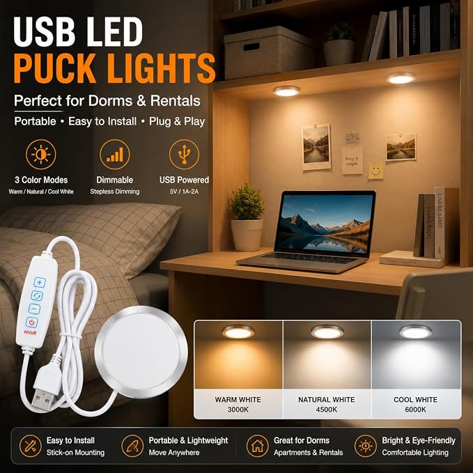 USB LED Puck Light, Dimmable 3 Color temperatures under cabinet (1Pack) | Dimmable, 3 Color Temperatures, Inline Switch, Lighting Setup Memory, Under Cabinet, USB DC 5V, 78.74in Long Cable