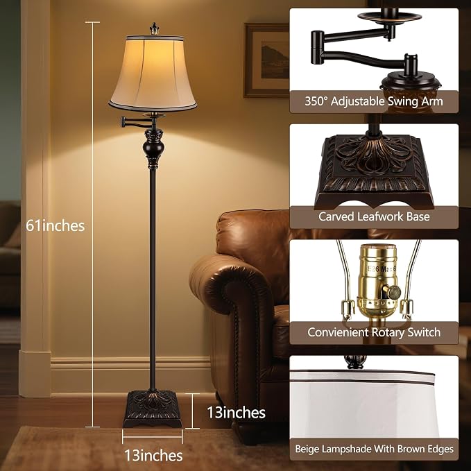 Vintage Floor Lamps for Living Room,Traditional 350° Adjustable Swing Arm Farmhouse Floor Lamp for Bedroom, Rustic Standing Lamp Pole Lamps for Reading, Home Décor and Office, Brown
