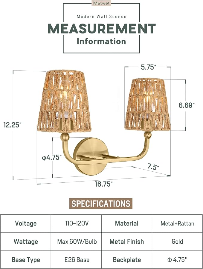 2-Light Brushed Gold Bathroom Vanity Light, Handwoven Rattan Shades | Ideal for 20-28" mirrors, 17" double wall sconce, upward only, E26 base, hardwired, bulbs not included, VL837-BG-RA-2-S