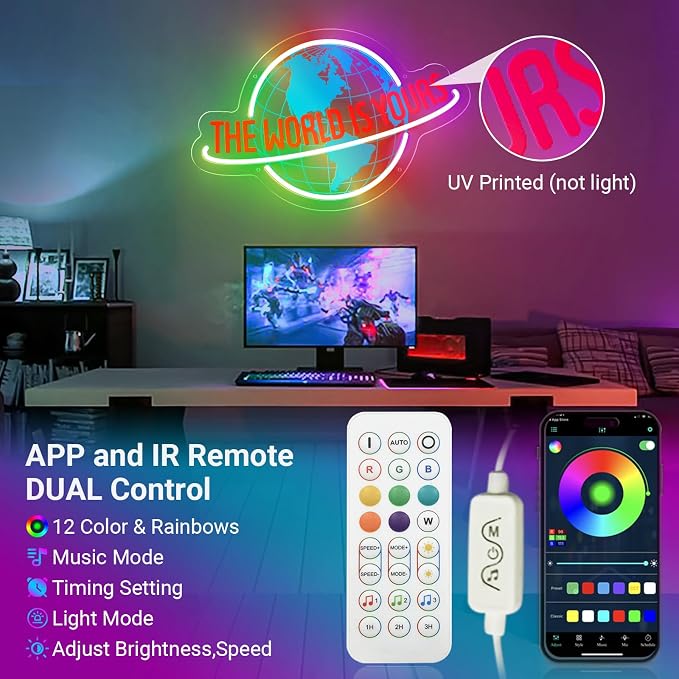 The World Is Yours Neon Sign, 7 RGB Color Planet LED Neon Light Lamp for Wall Decor, Man Cave Home Bar Bistro Club Cafe Wedding Game Room Bedroom Birthday Gift Graduation Party