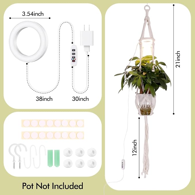 2 Pack Hanging Plant Grow Lights for Indoor Plants with Timer, Wall Mounted Full Spectrum Pendant Growing Light with Macrame Plant Hanger, Ceiling LED Planta Luz for Potted Plants Home Decor