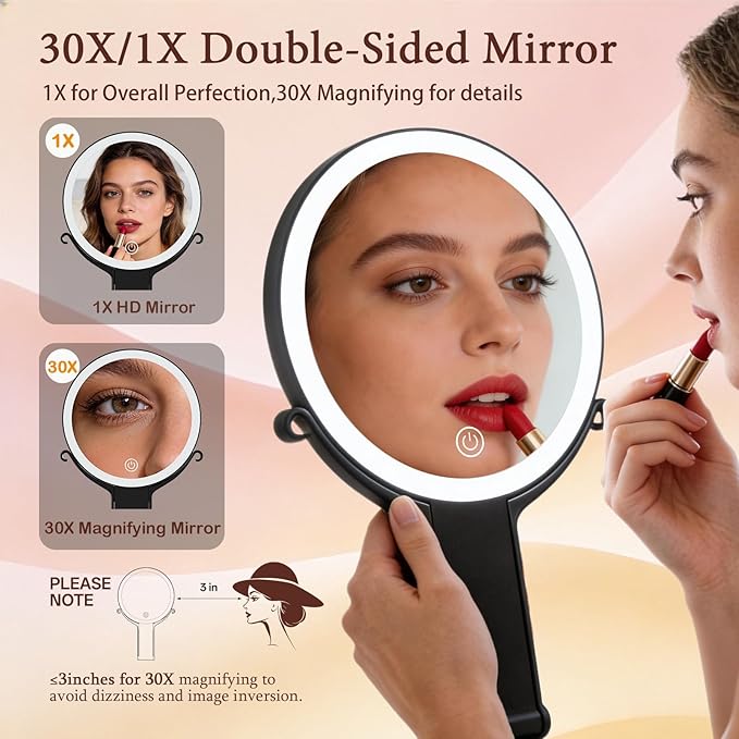 Makeup Mirror with Lights, 30X/1X Double Sided Magnifying Makeup Mirror with 3 Color Lighting and Adjustable Brightness, Portable hand mirrors with handle for Desktop Travel Use (1x/30x- Black)