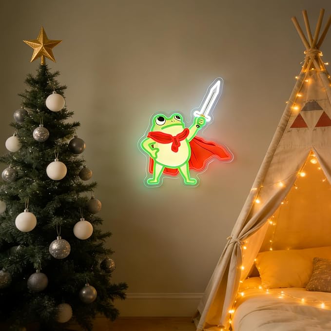 Frog Neon Sign, Frog with Sword LED Neon Lights Signs for Game Room Decor | UV-Printed Frog Warrior Art with Adjustable Brightness for Man Cave,Game Rooms,Bedrooms,Bar,and Frog Lover Gifts-USB Powered