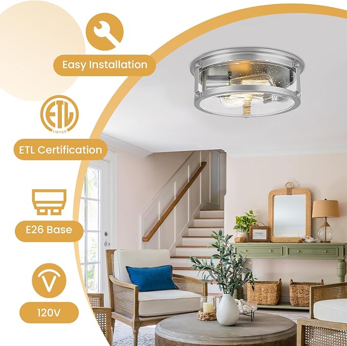 2-Light Brushed Nickel Flush Mount Ceiling Light Fixtures | Seeded Glass, 12 inch Minimalist Close to Ceiling Lighting, For Hallway, Kitchen, Entryway, Bedroom