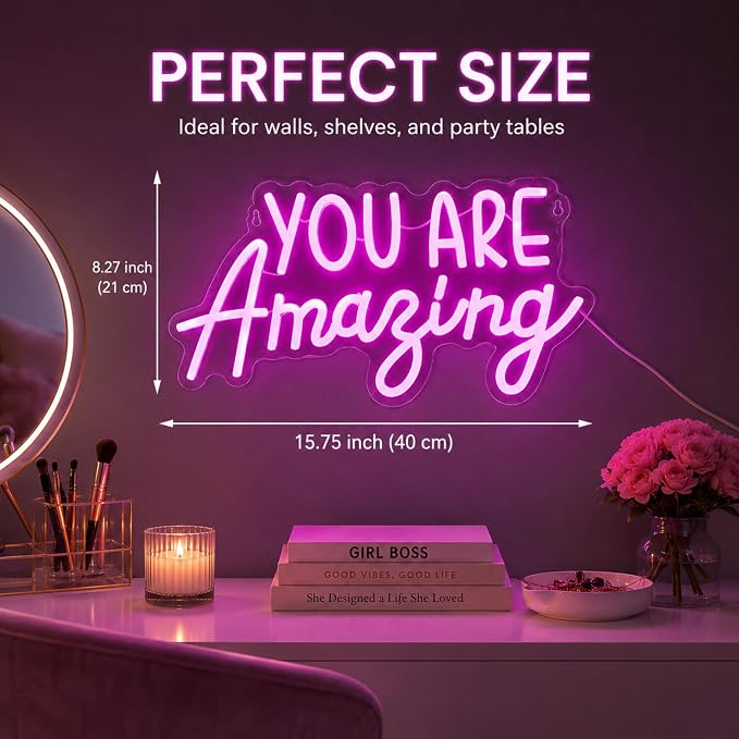 You Are Amazing Neon Sign Wall Decor | Neon Light Classroom Bedroom Decor, 15.8'' x 8.3'' LED Pink Light up USB Signs, Christmas Birthday Party Gifts