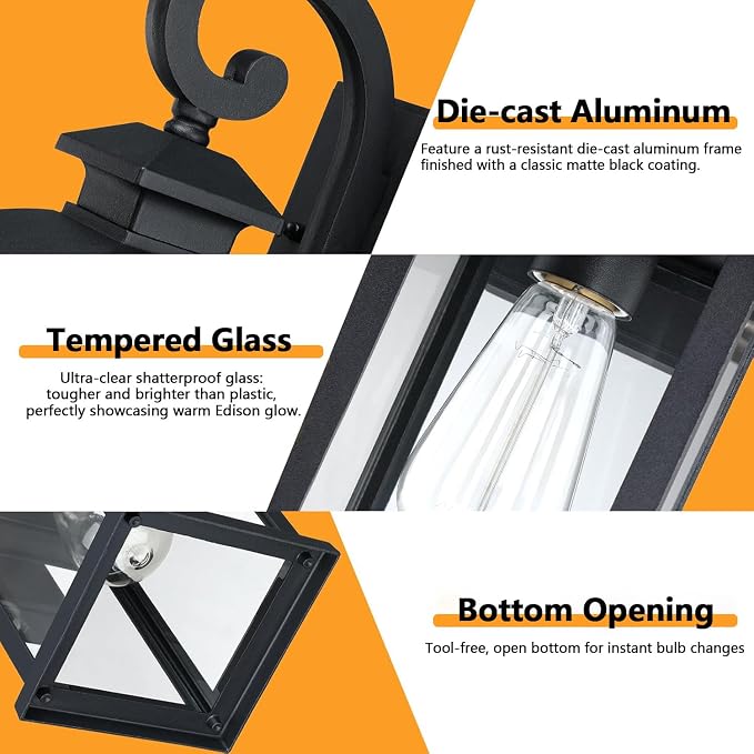 Dusk to Dawn Porch Lights Outdoor, 2-Pack, 15", Matte Black | Anti-Rust Waterproof Aluminum, Photocell Sensor, Modern Farmhouse, Medium Exterior Sconce Lighting Fixtures for Garage House