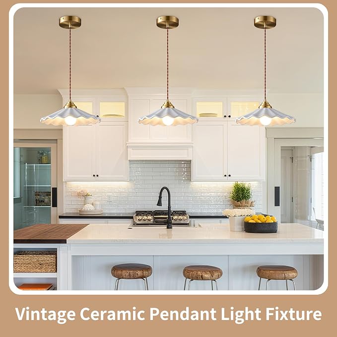 Ceramic Pendant Light, Vintage Pendant Light Fixture with Pleated Ceramic Lmapshade, White Porcelain Pendant Light, Hanging Light for Hallway Kitchen Island Dining Room, 11.8in