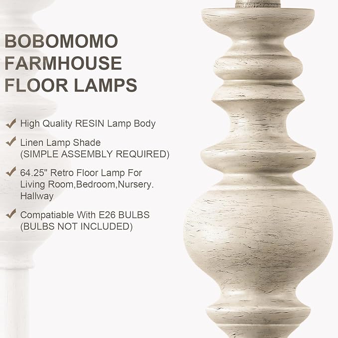 BOBOMOMO 64.25" Farmhouse Floor Lamp for Living Room, Tall Antique White Standing Lamp with Rotary Switch, Vintage Reading Lamp for Bedroom & Nursery, Rustic Home Decor Corner Lamp