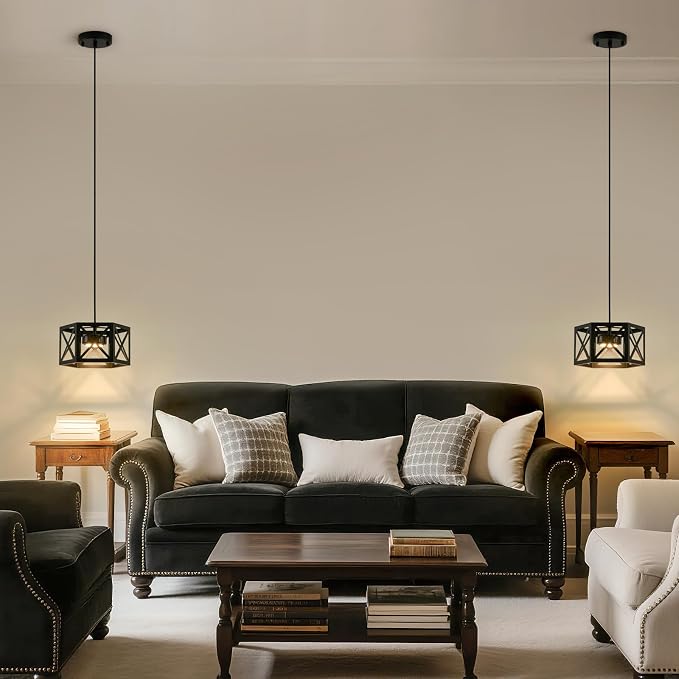 XSDeTu 2 Pack Rechargeable Battery Operated Pendant Lights, Modern Farmhouse Battery Powered Hanging Light, 3 Colors Dimmable Metal Ceiling Lights, Adjustable Black Pendant Lighting for Kitchen island