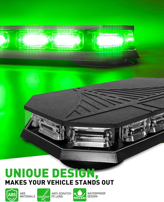 HLauto 406D Rooftop Emergency Strobe Lights Bar, 102 LED Green Mini Beacon Safety Flashing Warning Traffic Lights Bar w/Magnetic Base for 12-24V Trucks, Construction Vehicles, Snowplow, Cars