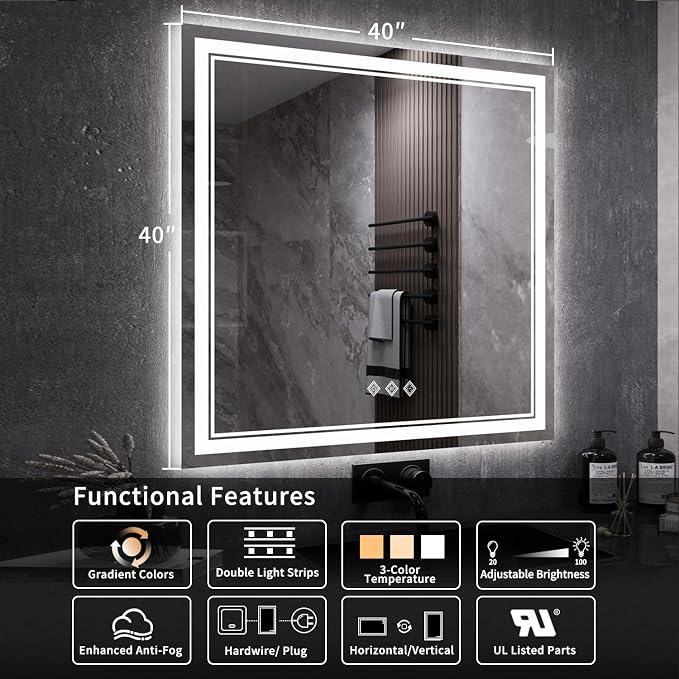 LED Mirror, 40x40 Inch Gradient Front and Backlight Bathroom Mirrors for Wall, 3 Colors Dimmable CRI>90 Double Lights, IP54 Enhanced Anti-Fog, Hanging Plates Wall Mount LED Vanity Mirror
