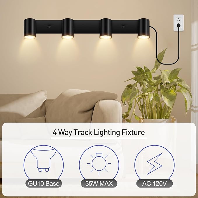 Plug in Track Lighting, LED Track Light Kit, Black 4-Light Track Lights for Kitchen, 15 FT Cord,23" Ceiling Spotlight, Rotatable Wall Mount Light Head for Bedroom Hallway Living Room