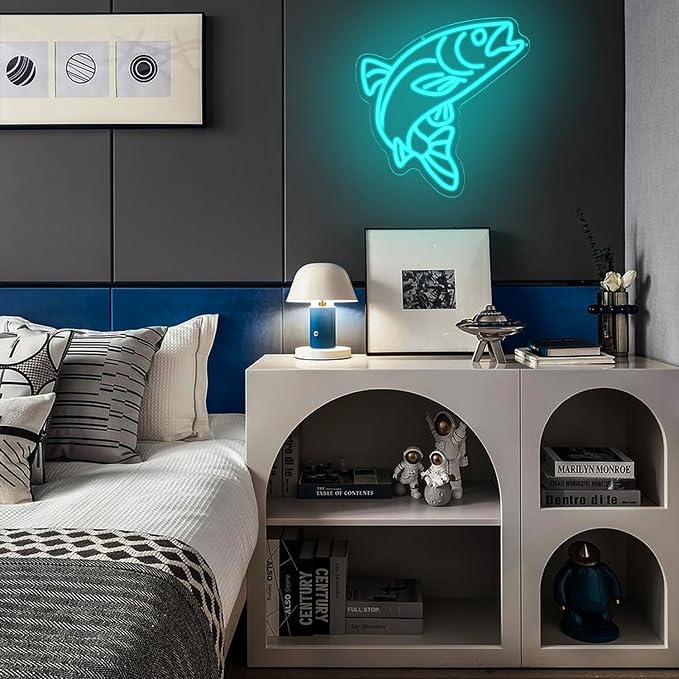 Fish Neon Sign for Wall Decor Blue Salmon Neon Light Fishing Neon Light Sign Ocean Led Light Sign for Fish Shop Bedroom Living Room Restaurant Office Kitchen Decoration