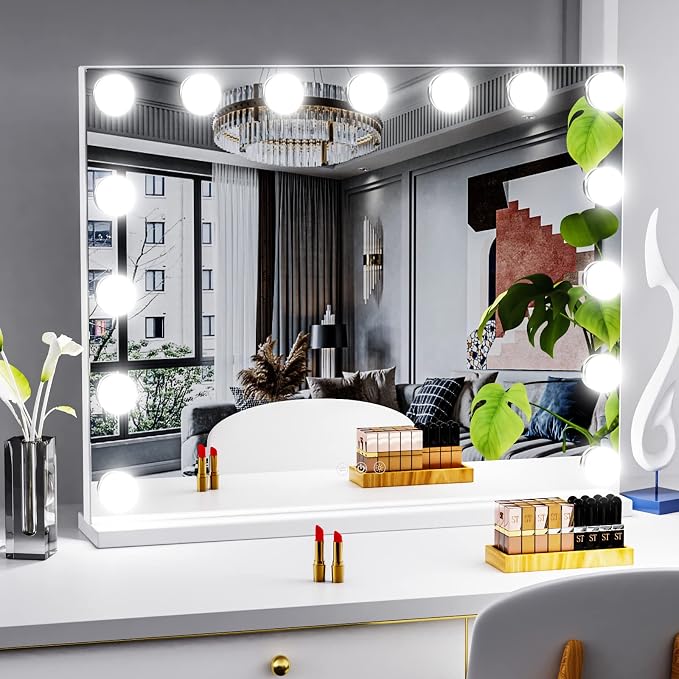 Gvnkvn Vanity Mirror with Lights Lighted Makeup Mirror with 15 Dimmable LED Bulbs,3 Color Lighting Modes,USB Charging Port Touch Control,Sturdy Metal Frame Design 24x18 Inch,White