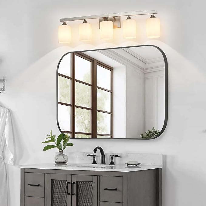 ZHU YAN Modern Vanity Light Over Mirror, 5-Light Brushed Nickel Bathroom Lighting Fixtures, White Frosted Glass Shades,Bathroom Lights for Mirror Living Room Bedroom E26 Socket