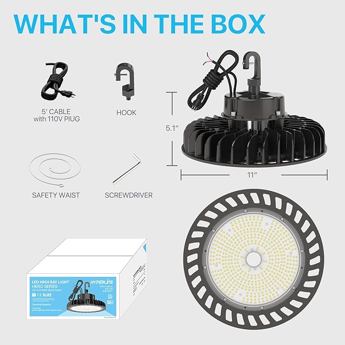 HYPERLITE 4Pack LED UFO High Bay Lights 250W 36,250lm 1-10V Dimmable 5000K 5' Cable with 110V Plug Hanging Hook Safe Rope UL Listed for Shopping Mall Stadium Exhibition Hall