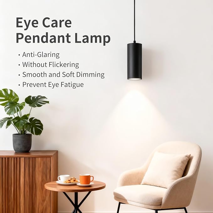 3.43" Pendant Lights Kitchen Island, 25W Cylinder Hanging Lights with Dipswitch, Modern Eye Care Led Pendant Lamp fixtures for Bedroom, Living Room, Office (Black, 3.43 Inch 1 Pcs)
