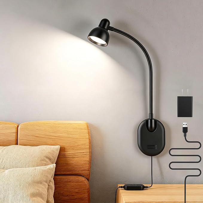Wall Mounted Reading Light, LED Wall Bedside Lamp with Adapter Black | 5 Color 10 Brightness,Plug-in Adhesive Wall Reading Lights for Books in Bed, Auto-Off Timer Wall Lights for Bedroom Headboard