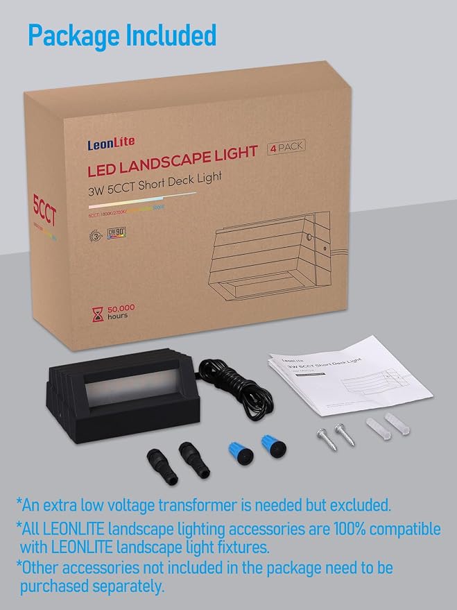 LEONLITE 4-Pack 4 Inch 5CCT Low Voltage LED Fence Lights 3W LED Deck Lights | 1800K/2700K/3000K/4000K/5000K, CRI90, 12-24V AC/DC, Landscape Step Railing Light, IP65, UL Listed Cord, Black, Aluminum