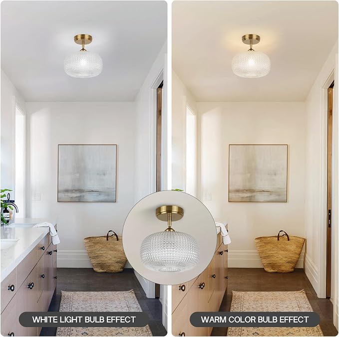 Glass Semi Flush Mount Ceiling Light Fixture, Gold Vintage Globe Lamp, Sloped Ceiling Adaptable, for Hallway, Kitchen, Bedroom, or Entryway, Modern Farmhouse Style Light for Dining Room