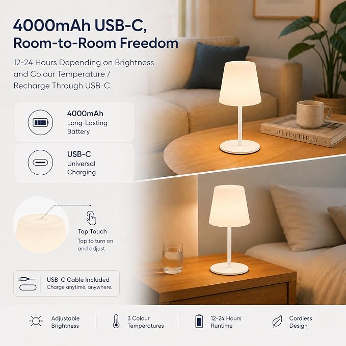 IP65 Waterproof Shower Lamp, Cordless Rechargeable Table Lamp, White | Bathroom To Bedside Glow, Touch-Dim Comfort, 4000mAh USB-C Ease, 12-24H Light, 3 Light Moods, 2-Height Fit