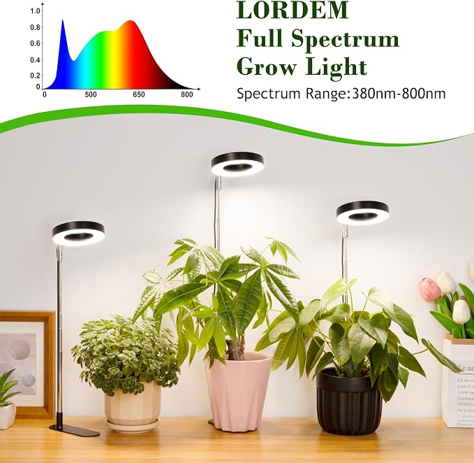 LORDEM Grow Light, 48 LEDs Plant Light for Indoor Plants, Full Spectrum Desk Grow Lamp with Automatic Timer for 4H/8H/12H, 4 Dimmable Levels, Height Adjustable 7.8"-26", Black, 3 Pack