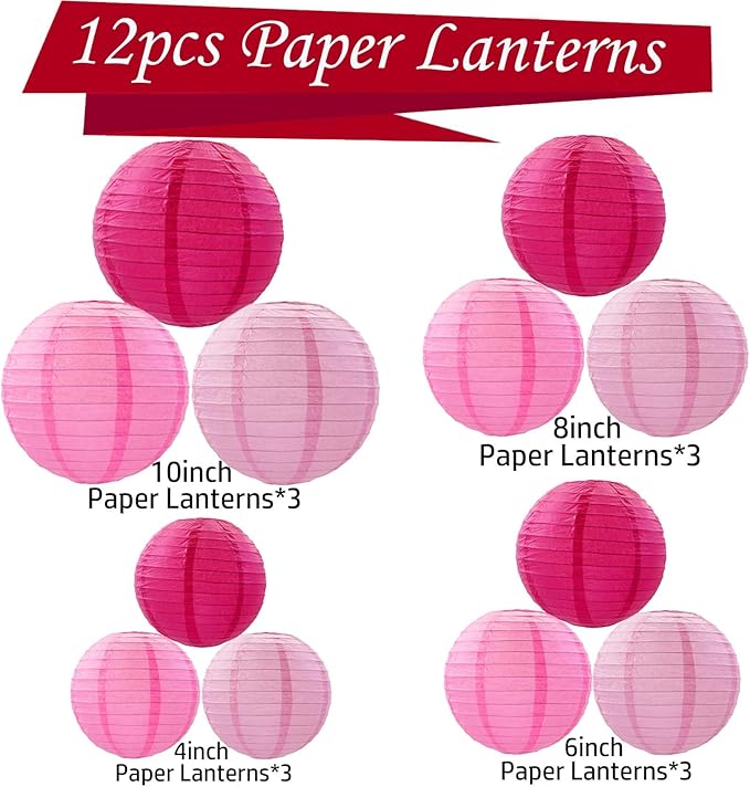 Pink Paper Lanterns 12Pcs Hanging Lanterns for Birthday Party, Wedding, Home Decor, Baby Shower Festive Decoration