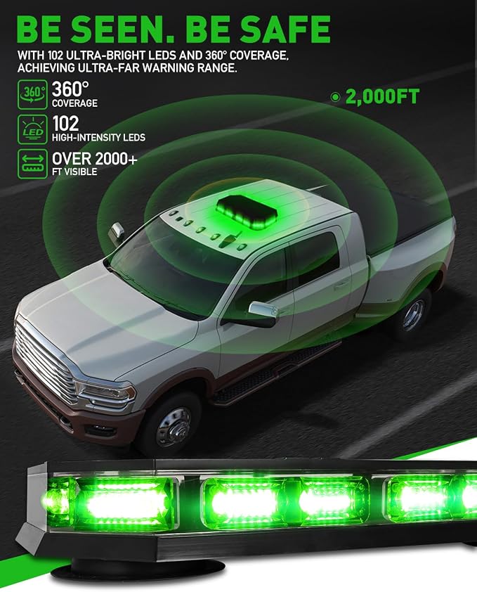 HLauto 406D Rooftop Emergency Strobe Lights Bar, 102 LED Green Mini Beacon Safety Flashing Warning Traffic Lights Bar w/Magnetic Base for 12-24V Trucks, Construction Vehicles, Snowplow, Cars