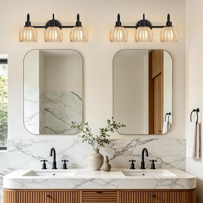 Bathroom Light Fixtures, 3-Light Black Vanity Light with Ribbed Amber Tulip Glass Shades, 20-Inch Bathroom Lighting Over Mirror for Bedroom, Living Room, Hallway (Bulbs Not Included)