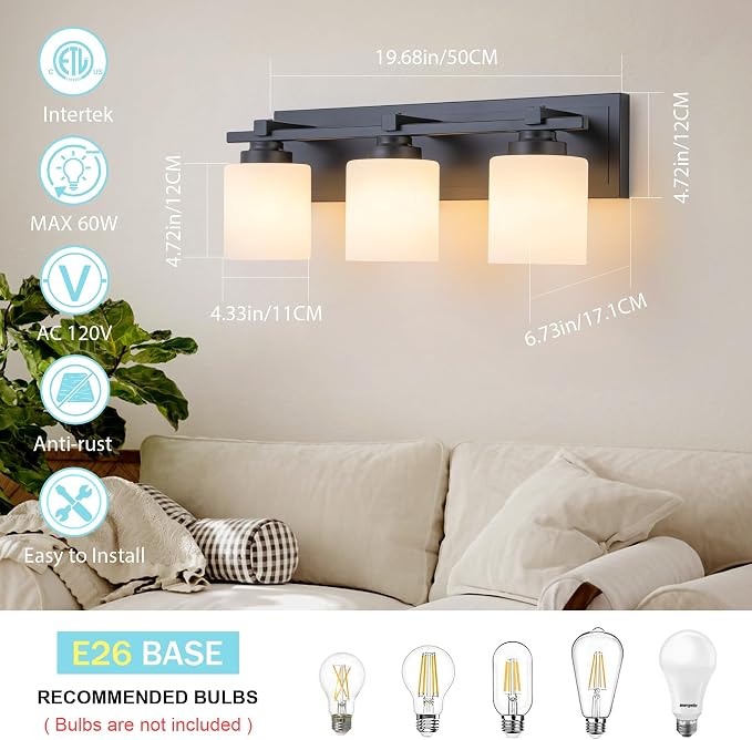 Modern Bathroom Light Fixtures Over Mirror, Vanity Lights for Bathroom Wall Sconces with Milky White Glass Shades, E26 Socket (Bulbs Not Included), 3 Light, Black