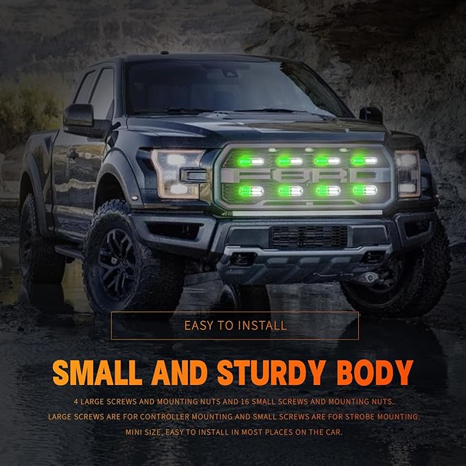 BooYu 8-pcs Sync Feature LED Emergency Strobe Lights Ultra Slim Grille Surface Mount Flashing Warning Hazard Light Bar w/Controller for Construction, Firefighter, Trucks, Vehicles, Car (Green/White)