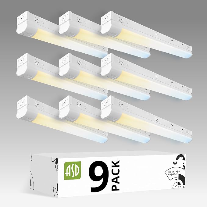 ASD 2ft LED Linear Strip Light Fixture with Q-Base | UL DLC Stairwell Certified Luminaire 15W-25W 120-277V Linkable LED Shop Light | 3000K-5000K Adjustable Commercial Ceiling Fixture, 9 Pack