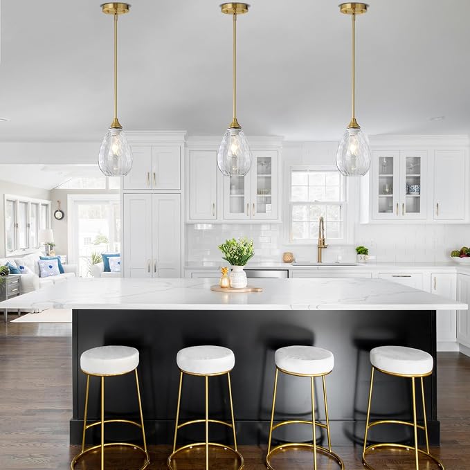 Glass Pendant Lights Kitchen Island, 1-Light Modern Brushed Gold Pendant Light Fixtures with Hammered Glass and Rods, Small Hanging Light for Kitchen Sink Dining Room Bathroom