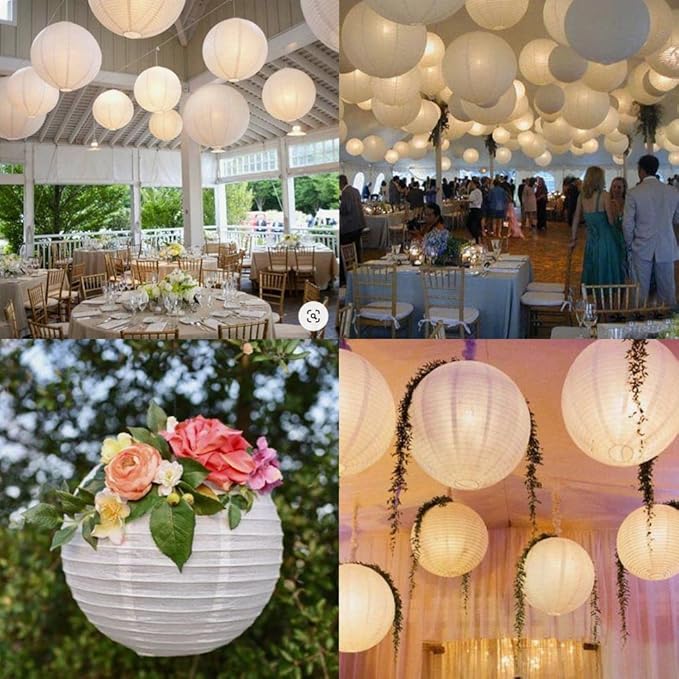 HAUSPROFI 12pcs White Paper Lanterns with LED Lights, Chinese Hanging Lanterns (6" 8" 10" 12") with Fishing Line, Paper Lanterns Decorations for Wedding Birthday Party Bridal Shower Home Outdoor Decor