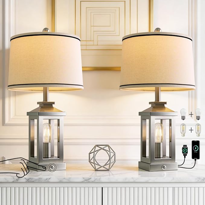 24" Table Lamps for Living Room Bedroom Modern Metal Bedside Lamps Set of 2 Nightstand Lamp for Night Stands 3 Way Dimmable Touch Lamp with USB C+A Ports and 2 Light Sources, 4 Bulbs Includes