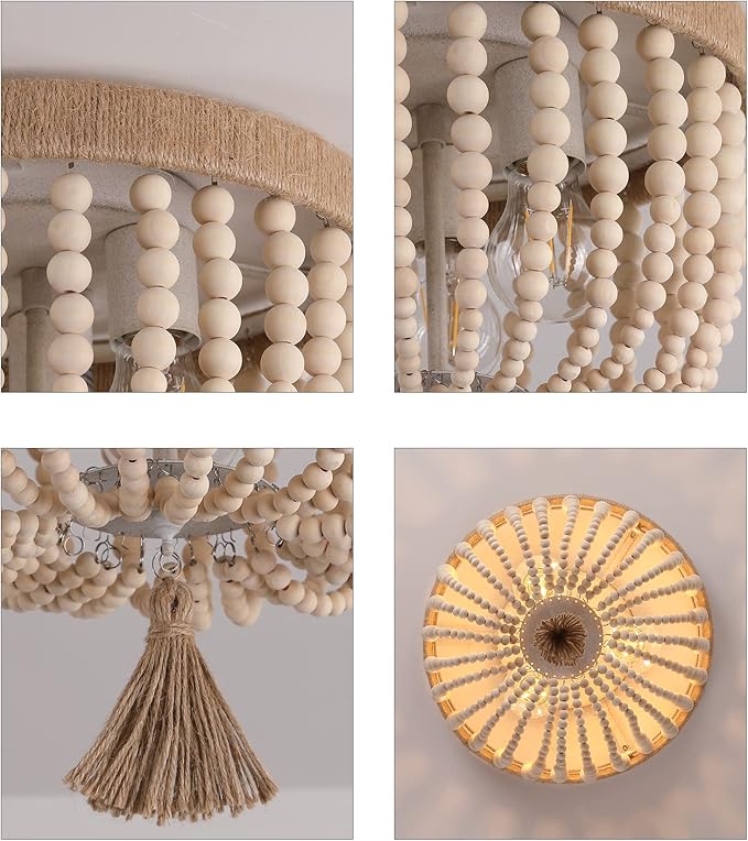 AMZASA Boho Flush Mount Ceiling Light Wooden Beaded Hepm Rope Oak Withe Farmhouse Beaded Chandelier Light Fixture 3 Lights for Nursery Bedroom Hallway Entryway
