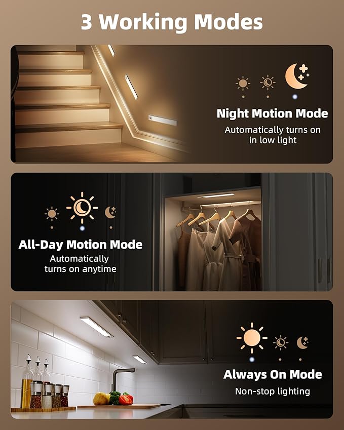 EZVALO 4-Pack Under Cabinet Lights, 2400mAh Rechargeable Motion Sensor Light Indoor, Wireless Closet Lights Battery Operated, with 3 Color Temps, Dimmable, Magnetic, for Kitchen, Stair, Pantry(8inch)