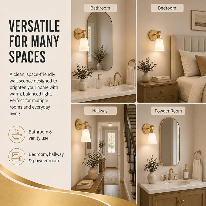 Wall Light Fixtures, 2-Pack Brushed Gold Vanity Lights with Milk Glass Shade, Modern Farmhouse Wall Sconces for Gallery, Mirror, Bedroom, and Bathroom,1 Light