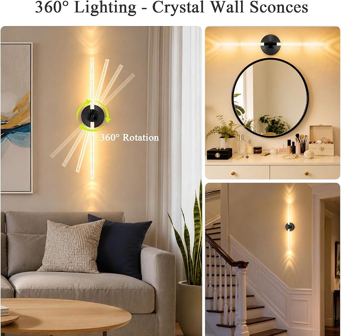 10000mAh Battery Operated Wall Sconce Lights Set of 2(Black,Bubble Crystal) | Rechargeable Wireless Wall Lights, Touch & Remote Control, 4CCT Dimmable Cordless Lamp for Bedroom Living Room Hallway 31.5in