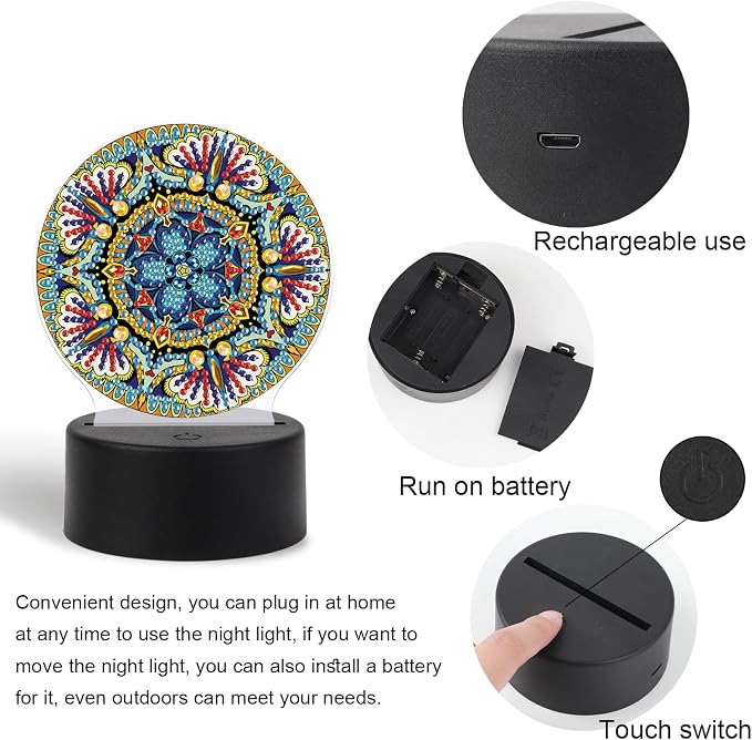 JISHSHAY Diamond Painting Night Light Diamond Art Table Lamps Gem Art LED Lights Gem Painting Desk Lamp Mosaic Kits for Adults DIY Kits for Adults Paint by Numbers Special Shaped Mandala