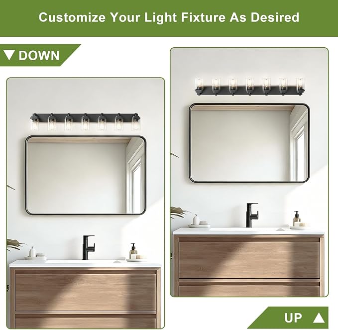 Black Bathroom Light Fixtures, 7 Lights Bathroom Lighting Fixtures Over Mirror, Square Design & Rectangle Large Backplate, Modern Vanity Lighting Fixtures, for Bathroom/Living Room/Bedroom
