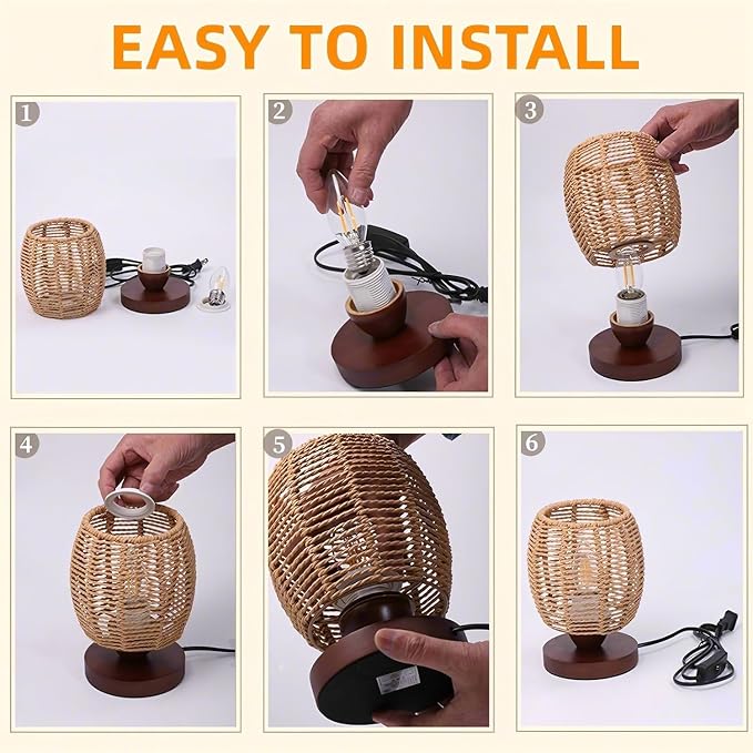 Rattan Table Lamp,Boho Small Beside Lamp,Farmhouse Table Lamp for Room Decor,Vintage Wicker Wooden Nightstand Bamboo Woven End Table Lamps for Bedroom Living Room Desk Kids Room,LED Bulb Included